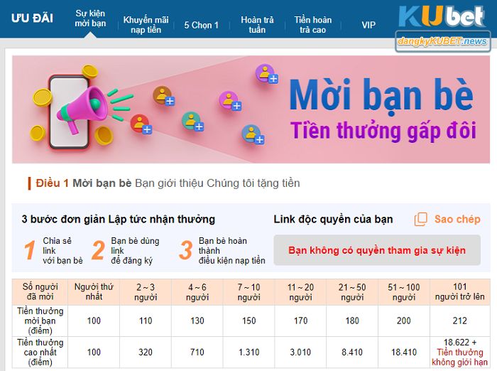 Khuyến mãi siêu hấp dẫn và được áp dụng quanh năm của Kubet