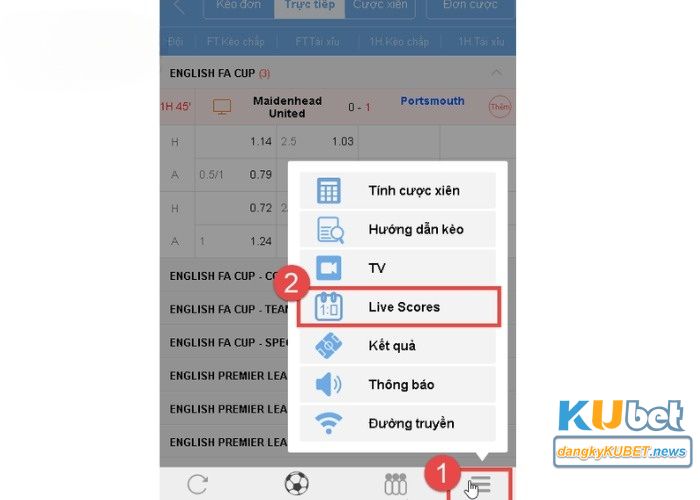Chọn Live Scores trên giao diện điện thoại